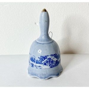 3" Blue Christmas Bell Vintage Porcelain Hand‎ Painted Blue Winter Landscape